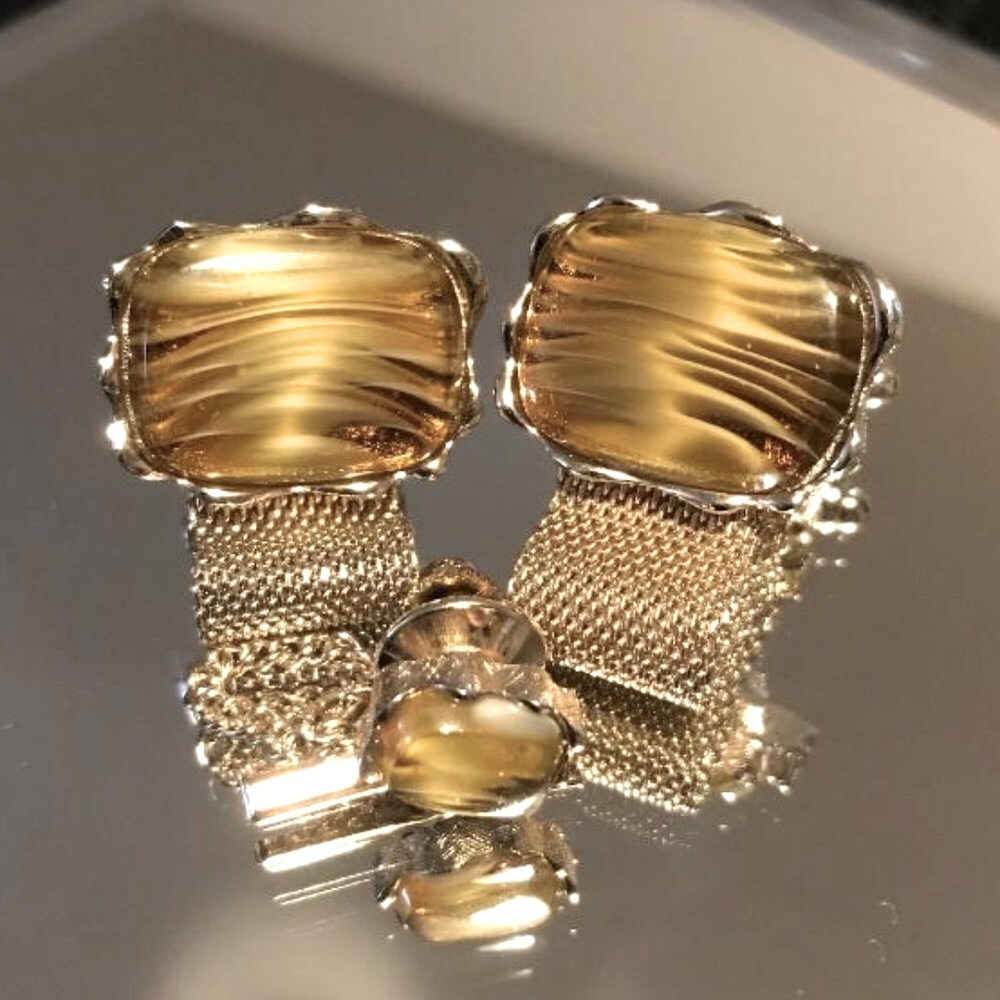 Dante Gold Tone Slag Glass Cuff Links & Tie Tack